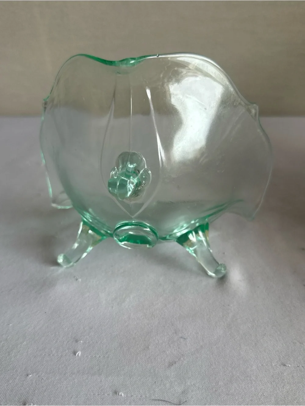 Mint Green Scalloped Glass Decorative Bowl. Vintage Elegant Lancaster Green Depr